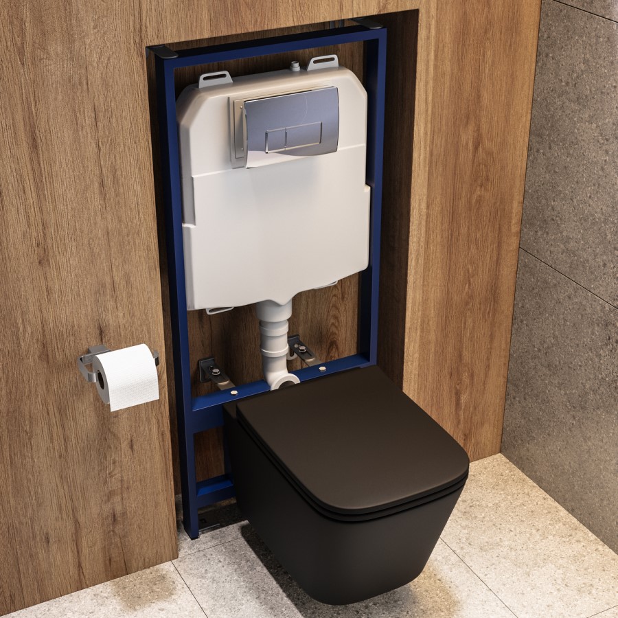Matt Black Wall Hung Toilet with Soft Close Seat, Chrome Pnuematic Flush Plate, 1160mm Frame & Cistern - Albi