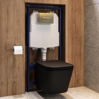 Matt Black Wall Hung Toilet with Soft Close Seat, Brass Pnuematic Flush Plate, 1160mm Frame & Cistern - Albi