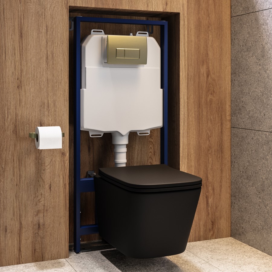 Matt Black Wall Hung Toilet with Soft Close Seat, Brass Pnuematic Flush Plate, 1160mm Frame & Cistern - Albi
