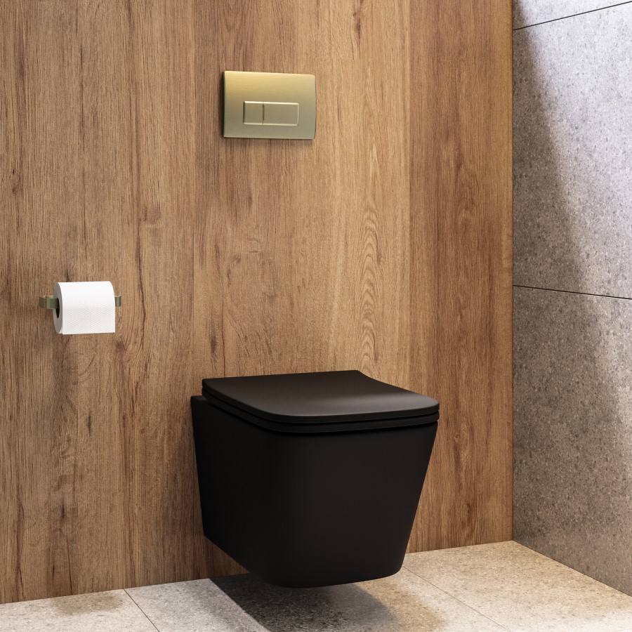 Matt Black Wall Hung Toilet with Soft Close Seat, Brass Pnuematic Flush Plate, 1160mm Frame & Cistern - Albi