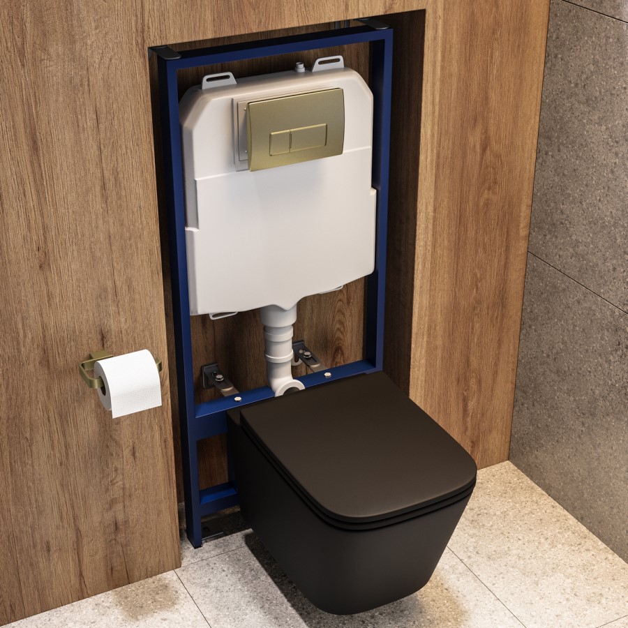 Matt Black Wall Hung Toilet with Soft Close Seat, Brass Pnuematic Flush Plate, 1160mm Frame & Cistern - Albi
