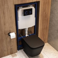 Matt Black Wall Hung Toilet with Soft Close Seat, Black Glass Sensor Flush Plate, 1160mm Frame & Cistern - Albi