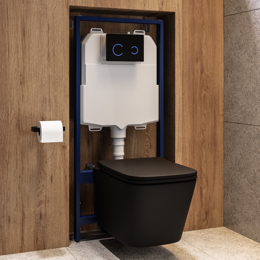 Matt Black Wall Hung Toilet with Soft Close Seat, Black Glass Sensor Flush Plate, 1160mm Frame & Cistern - Albi