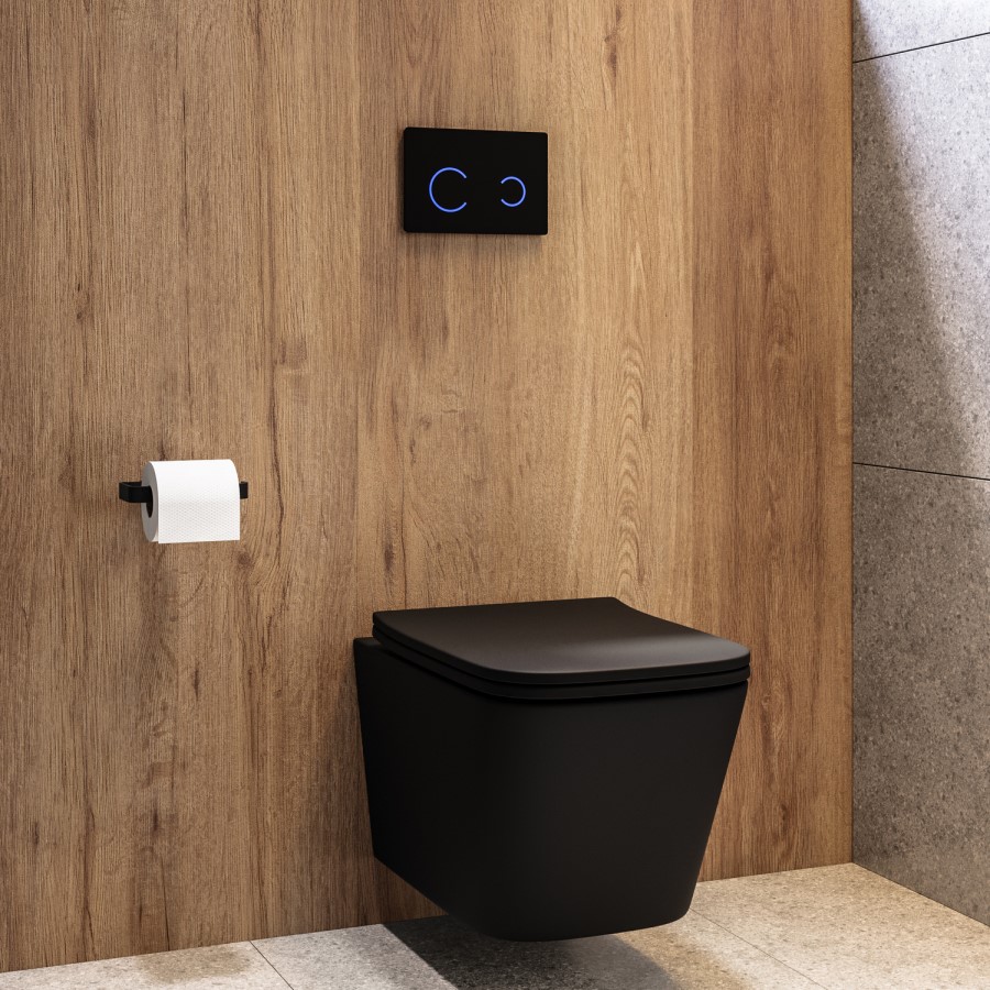 Matt Black Wall Hung Toilet with Soft Close Seat, Black Glass Sensor Flush Plate, 1160mm Frame & Cistern - Albi