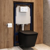Matt Black Wall Hung Toilet with Soft Close Seat, White Glass Sensor Flush Plate, 1160mm Frame & Cistern - Albi