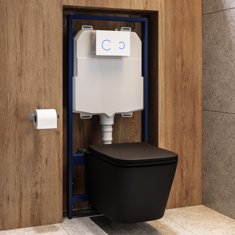 Matt Black Wall Hung Toilet with Soft Close Seat, White Glass Sensor Flush Plate, 1160mm Frame & Cistern - Albi