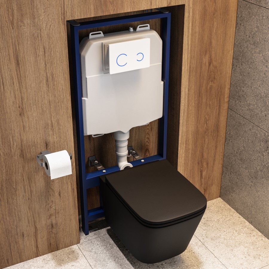 Matt Black Wall Hung Toilet with Soft Close Seat, White Glass Sensor Flush Plate, 1160mm Frame & Cistern - Albi