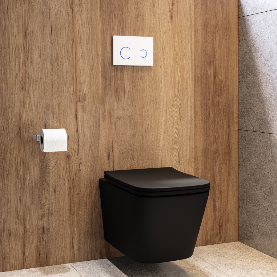 Matt Black Wall Hung Toilet with Soft Close Seat, White Glass Sensor Flush Plate, 1160mm Frame & Cistern - Albi