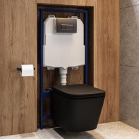 Matt Black Wall Hung Toilet with Soft Close Seat, Gunmetal Pnuematic Flush Plate, 1160mm Frame & Cistern - Albi