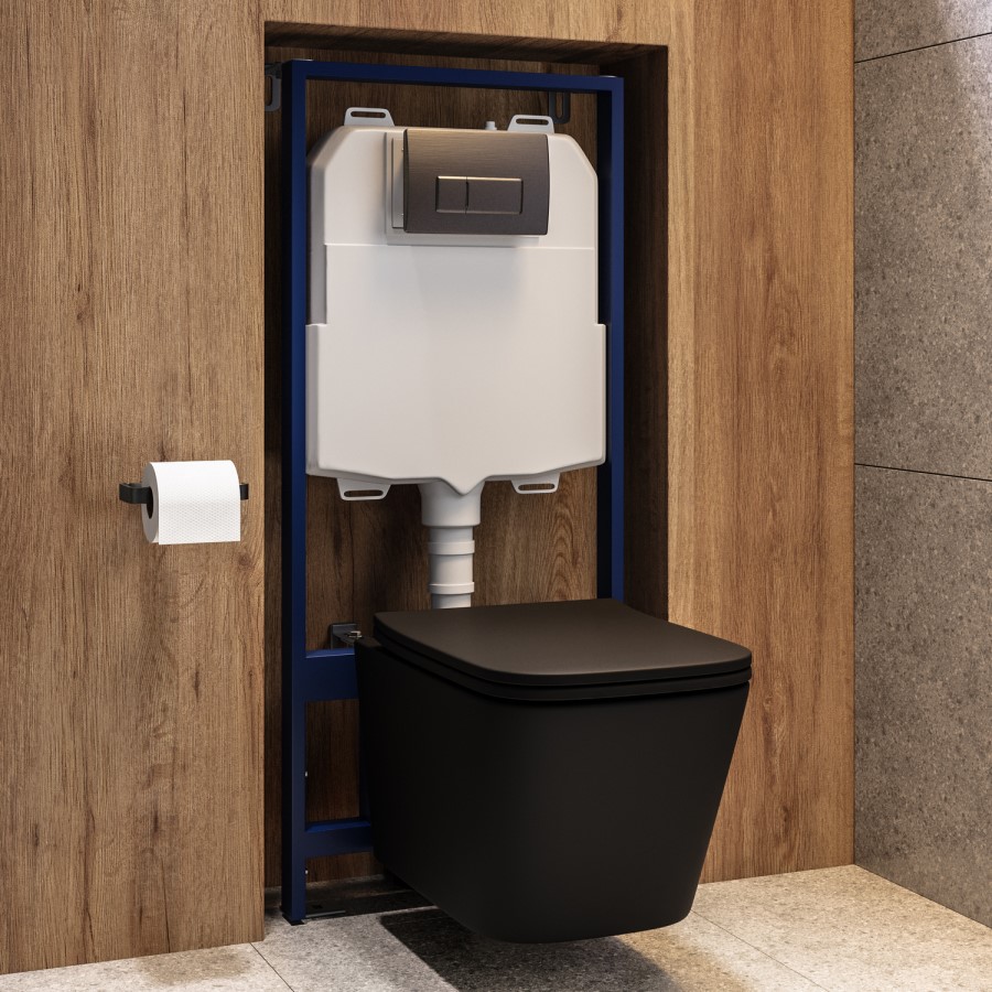 Matt Black Wall Hung Toilet with Soft Close Seat, Gunmetal Pnuematic Flush Plate, 1160mm Frame & Cistern - Albi