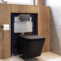 Matt Black Wall Hung Toilet with Soft Close Seat, Gunmetal Pnuematic Flush Plate, 820mm Frame & Cistern - Albi