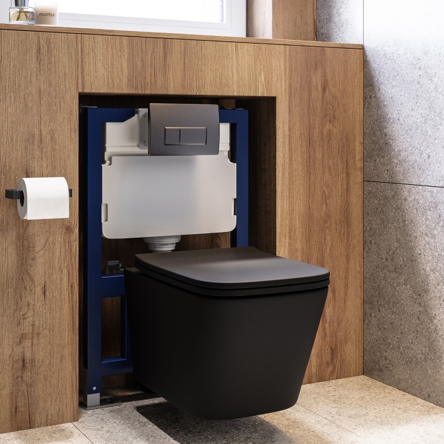 Matt Black Wall Hung Toilet with Soft Close Seat, Gunmetal Pnuematic Flush Plate, 820mm Frame & Cistern - Albi