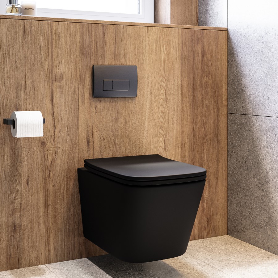 Matt Black Wall Hung Toilet with Soft Close Seat, Gunmetal Pnuematic Flush Plate, 820mm Frame & Cistern - Albi