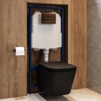 Matt Black Wall Hung Toilet with Soft Close Seat, Bronze Pnuematic Flush Plate, 1160mm Frame & Cistern - Albi