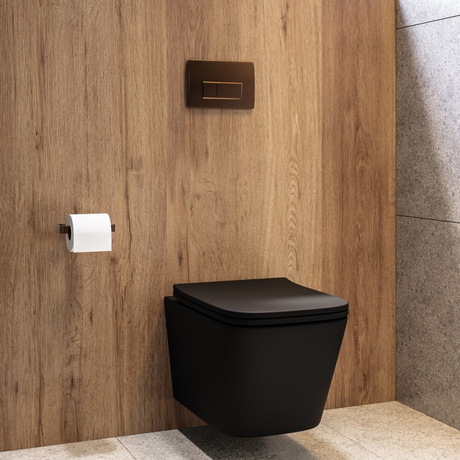 Matt Black Wall Hung Toilet with Soft Close Seat, Bronze Pnuematic Flush Plate, 1160mm Frame & Cistern - Albi