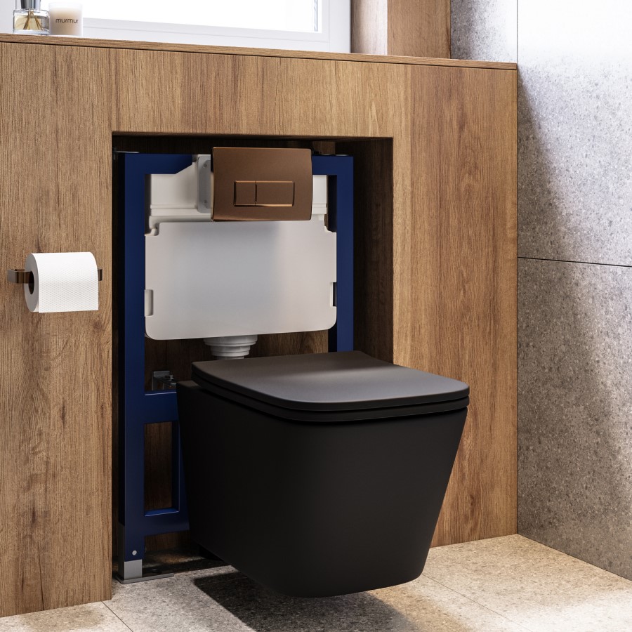 Matt Black Wall Hung Toilet with Soft Close Seat, Bronze Pnuematic Flush Plate, 820mm Frame & Cistern - Albi