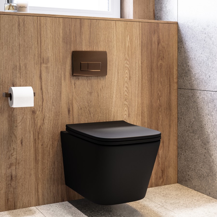 Matt Black Wall Hung Toilet with Soft Close Seat, Bronze Pnuematic Flush Plate, 820mm Frame & Cistern - Albi