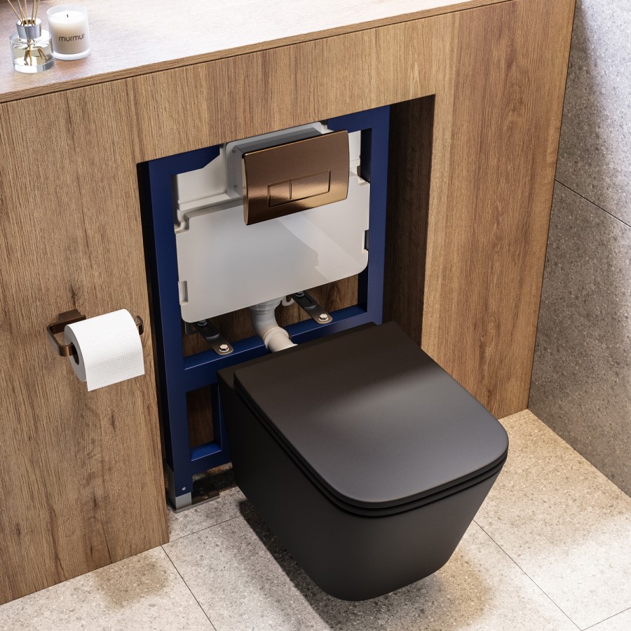 Matt Black Wall Hung Toilet with Soft Close Seat, Bronze Pnuematic Flush Plate, 820mm Frame & Cistern - Albi