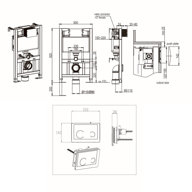 Albi Wall Hung Toilet 820mm Pneumatic Frame & Cistern & White Glass Flush Plate