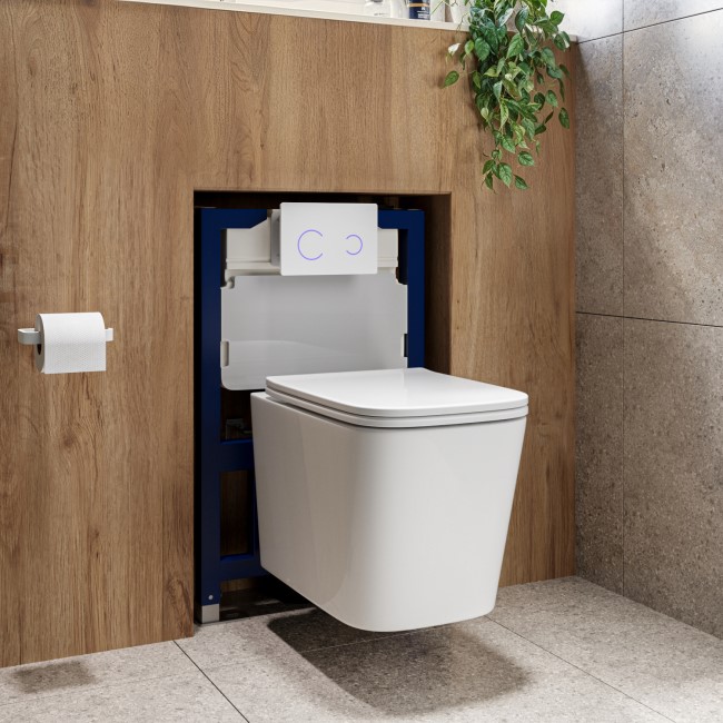 Albi Wall Hung Toilet 820mm Pneumatic Frame & Cistern & White Glass Flush Plate