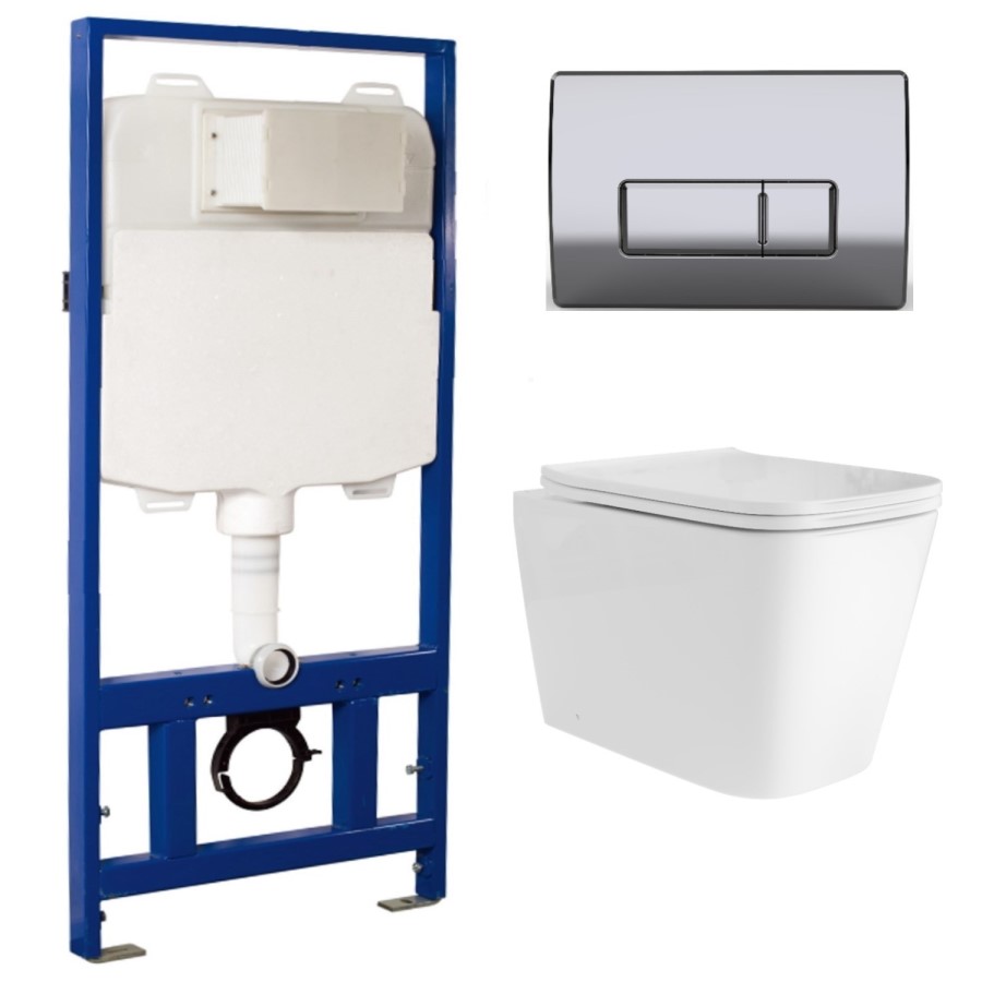 ONLY OPENED - Albi Wall Hung Toilet 1160mm Pneumatic Frame & Cistern & Chrome Flush Plate