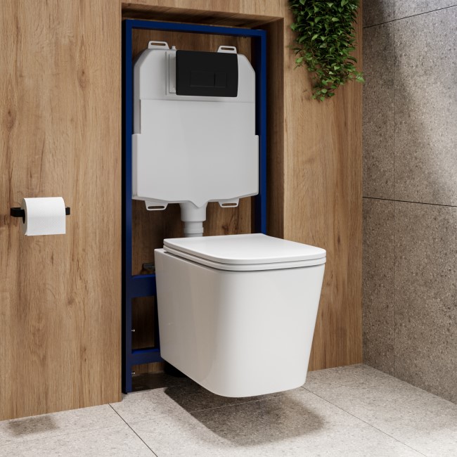 Albi Wall Hung Toilet 1160mm Pneumatic Frame & Cistern & Black Flush Plate