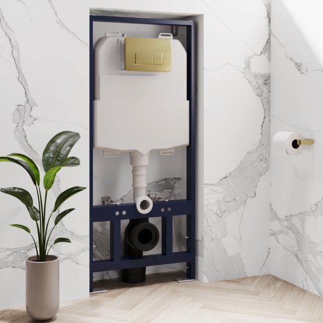 Albi Wall Hung Toilet 1160mm Pneumatic Frame & Cistern & Brushed Brass Flush Plate