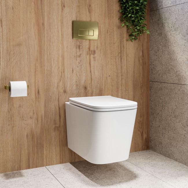 Albi Wall Hung Toilet 1160mm Pneumatic Frame & Cistern & Brushed Brass Flush Plate