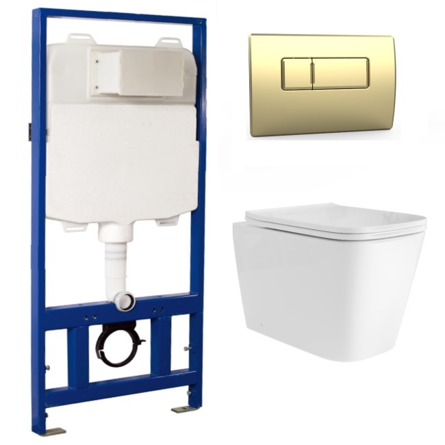 Albi Wall Hung Toilet 1160mm Pneumatic Frame & Cistern & Brushed Brass Flush Plate