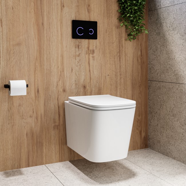 Albi Wall Hung Toilet 1160mm Pneumatic Frame & Cistern & Black Glass Flush Plate