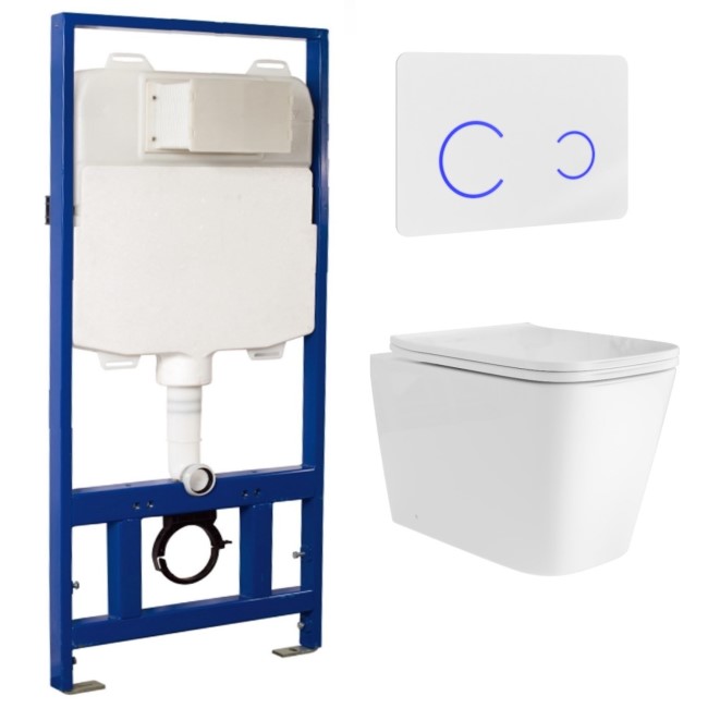 Albi Wall Hung Toilet 1160mm Pneumatic Frame & Cistern & Black Glass Flush Plate