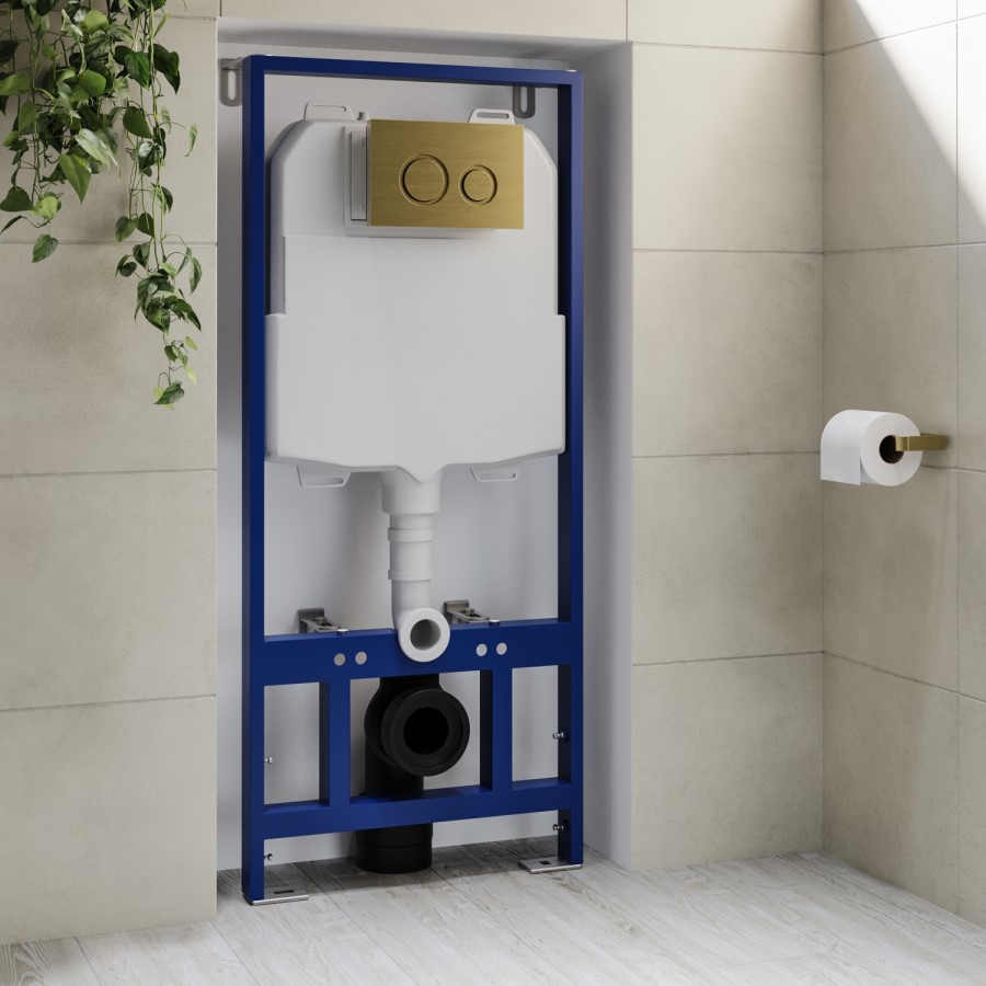 ONLY OPENED - Concealed Cistern with 1170mm Wall Hung Toilet Frame and Brushed Brass Mechanical Flush Plate - Zana