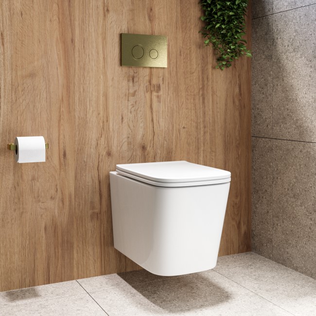 Albi Wall Hung Toilet 1160mm Mechanical WC Frame & Cistern & Brushed Brass Mechanical Flush Plate