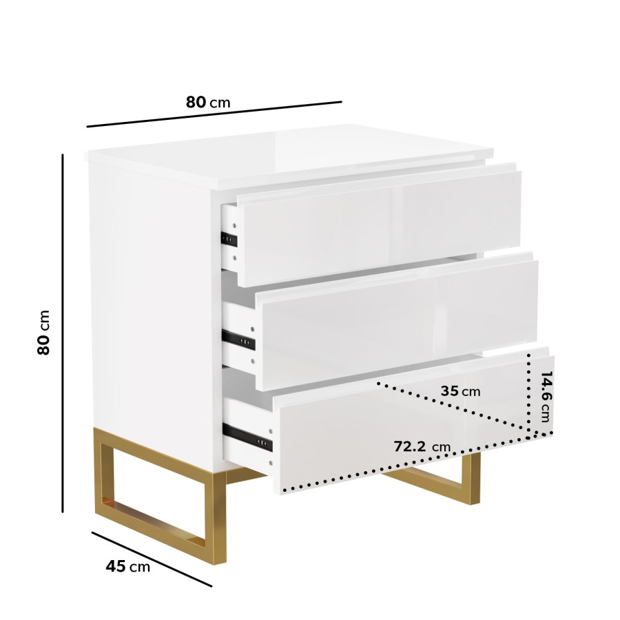 Kids White High Gloss Chest of 3 Drawers with Legs - Alina