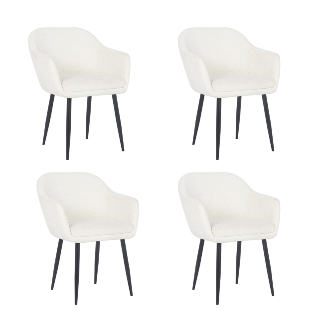 Set of 4 Cream Boucle Armchair Dining Chairs With Black Legs - Ally