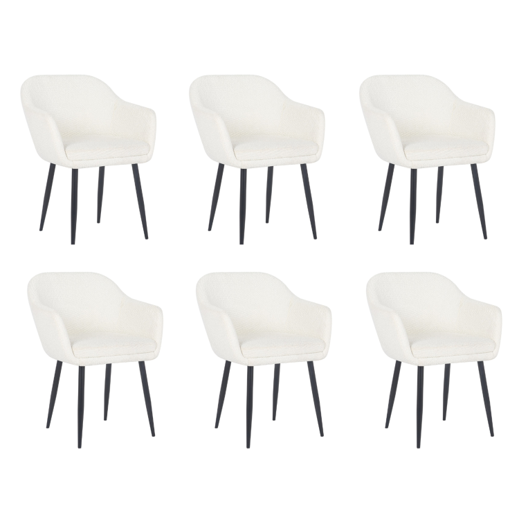 Set of 6 Cream Boucle Armchair Dining Chairs With Black Legs - Ally