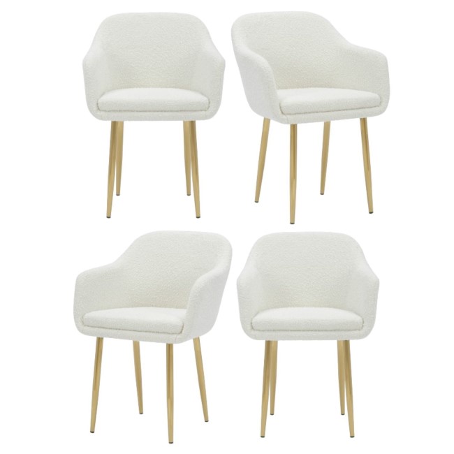 Set of 4 Cream Boucle Armchair Dining Chairs With Gold Legs - Ally