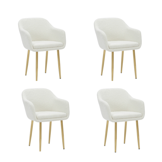 Set of 4 Cream Boucle Armchair Dining Chairs With Gold Legs - Ally