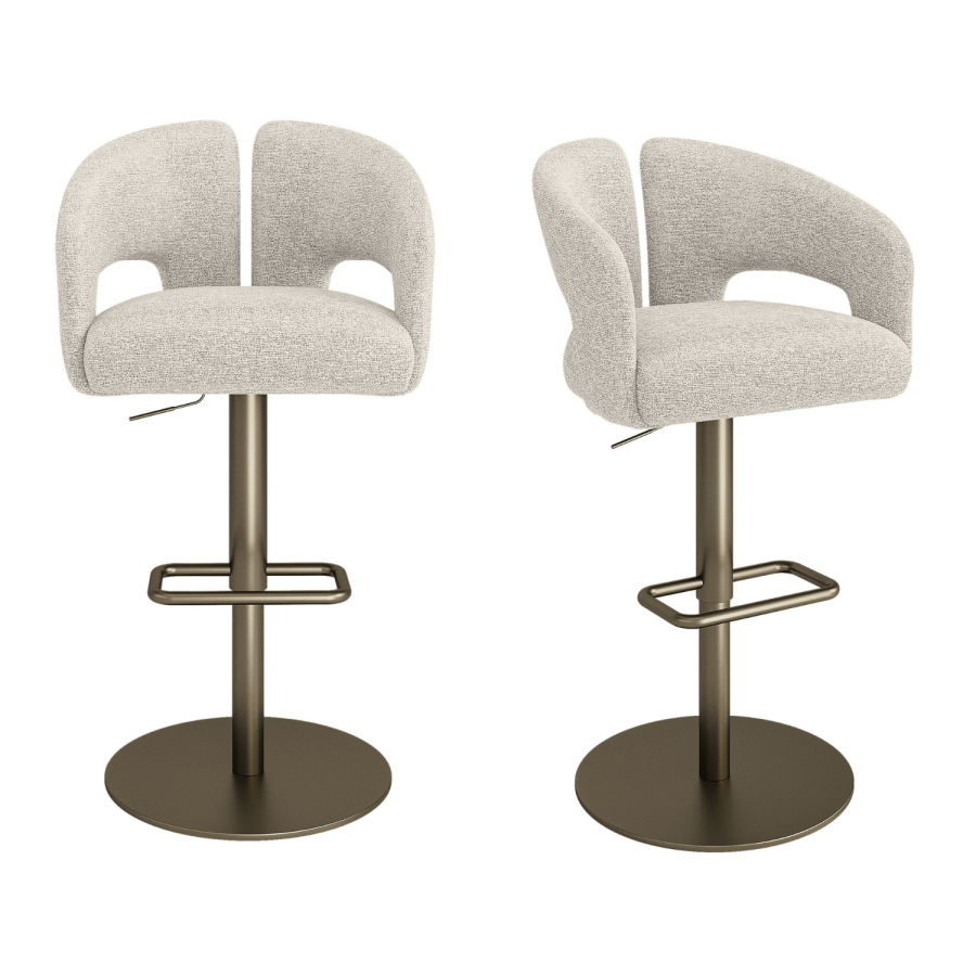 Set of 2 Beige Upholstered Adjustable Swivel Bar Stools with Brass Base - Azalea
