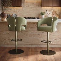 Set of 2 Sage Green Velvet Adjustable Swivel Bar Stools with Brass Base - Azalea