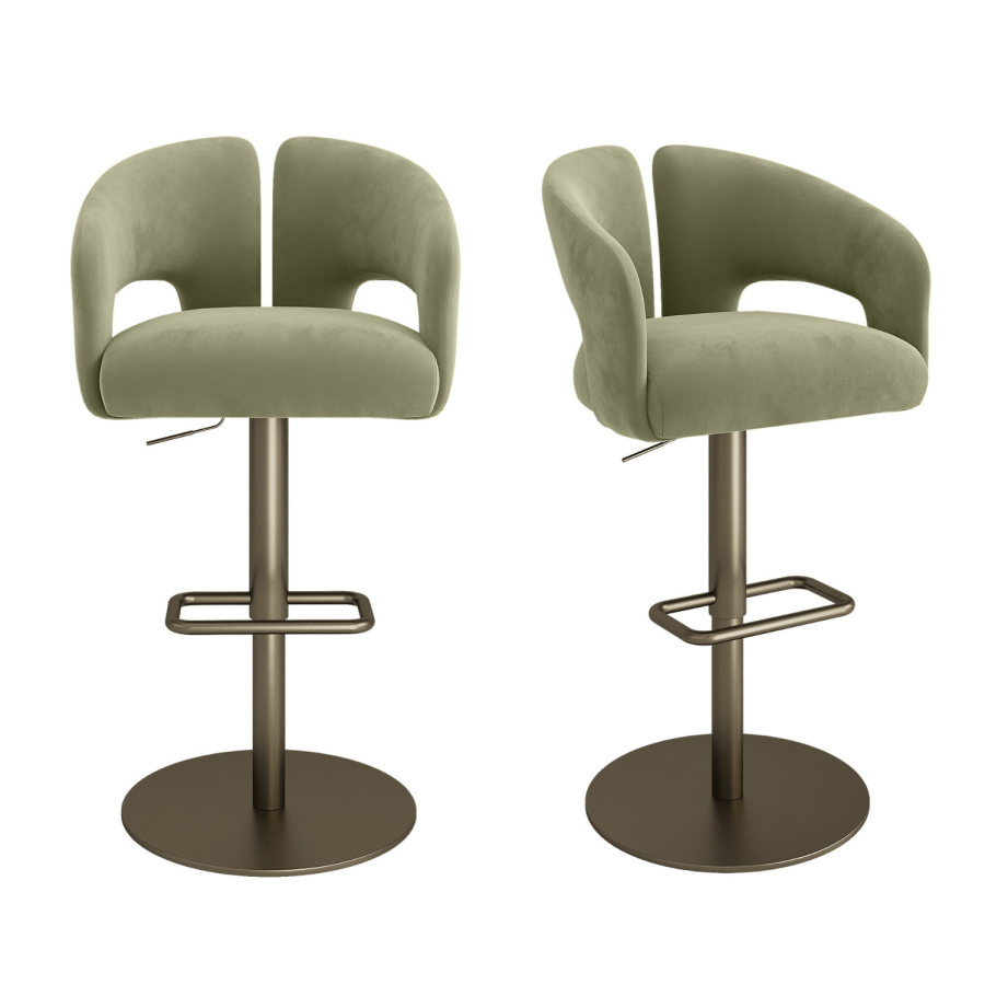 Set of 2 Sage Green Velvet Adjustable Swivel Bar Stools with Brass Base - Azalea