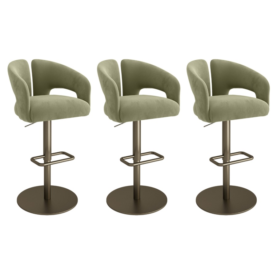 Set of 3 Sage Green Velvet Adjustable Swivel Bar Stools with Brass Base - Azalea