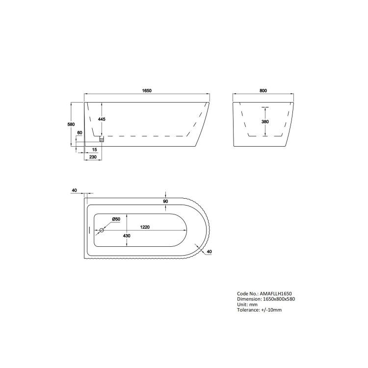 Freestanding Single Ended Left Hand Fluted Corner Bath 1650 x 800mm With Chrome Bath Screen - Amaro