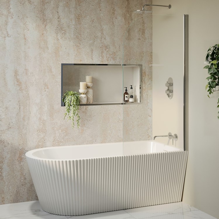 Freestanding Single Ended Right Hand Fluted Corner Bath 1650 x 800mm With Chrome Bath Screen - Amaro