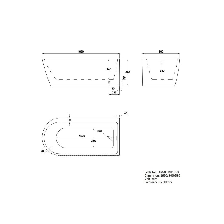 Freestanding Single Ended Right Hand Fluted Corner Bath 1650 x 800mm - Amaro