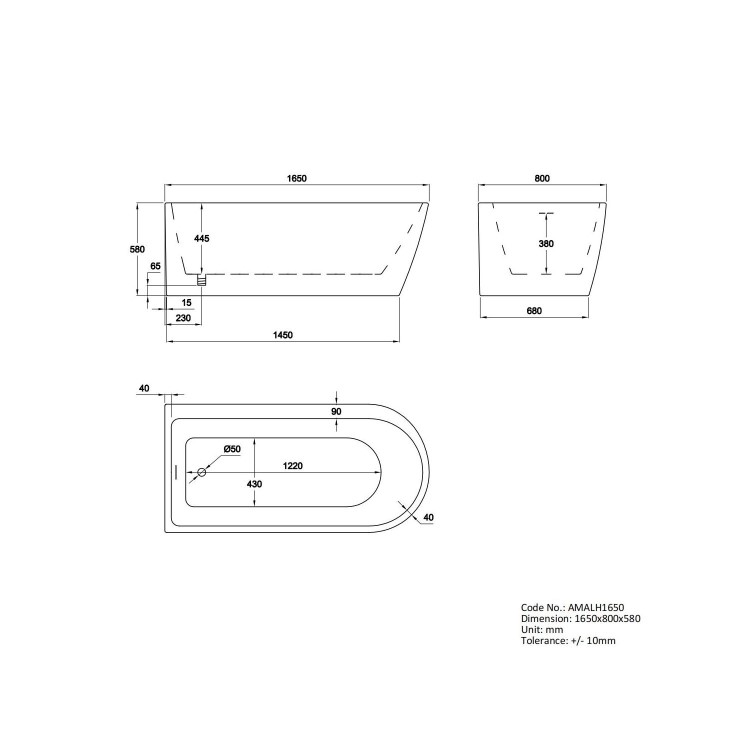 Freestanding Single Ended Left Hand Corner Shower Bath with Black Bath Screen 1650 x 800mm - Amaro