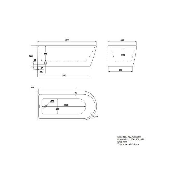 Grade A1 - Freestanding Single Ended Left Hand Corner Shower Bath with Black Bath Screen with Towel Rail  1650 x 800mm - Amaro