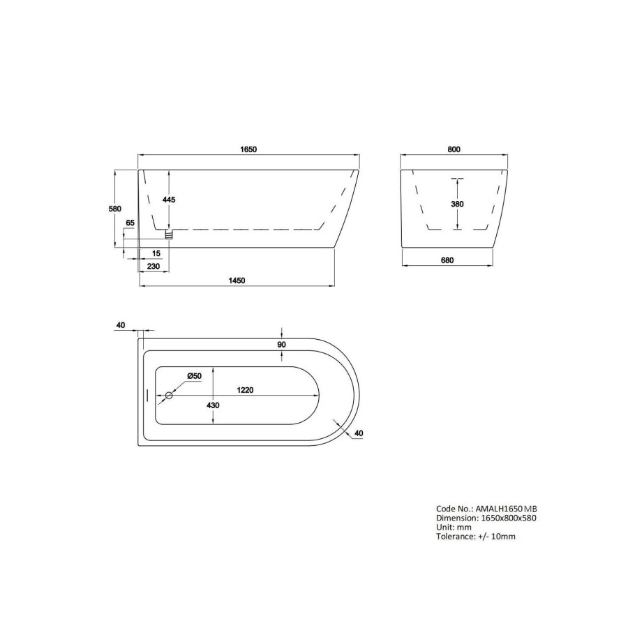 Matt Black Freestanding Shower Bath Single Ended Left Hand Corner with Chrome Bath Screen 1650 x 800mm - Amaro