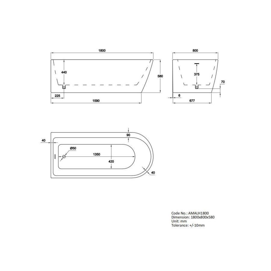 Freestanding Single Ended Left Hand Corner Bath 1800 x 800mm - Amaro