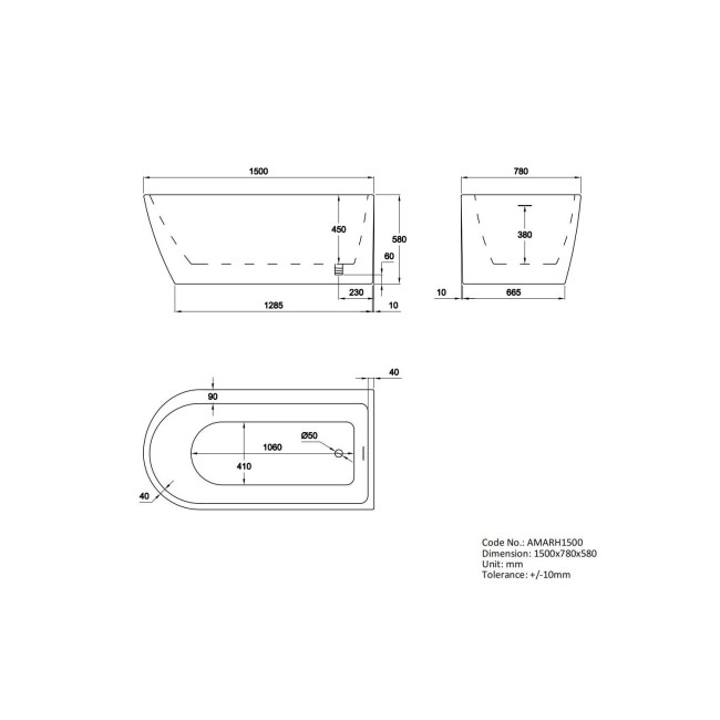 Freestanding Shower Bath Single Ended Right Hand Corner with Chrome Bath Screen 1500 x 800mm - Amaro